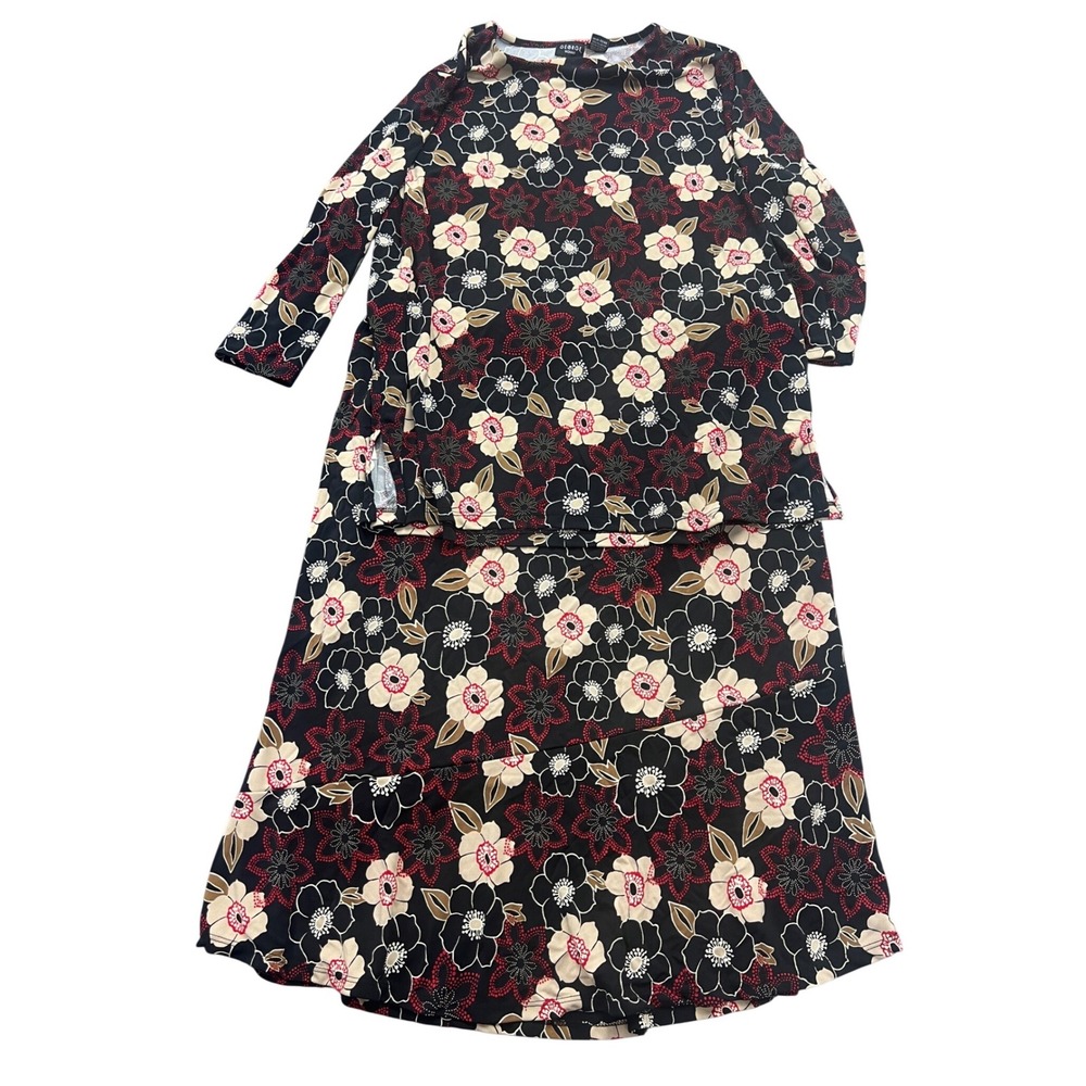 George Skirt Set Woman 18W/20W Black Red Retro Floral 2pc Top Midi Plus Size